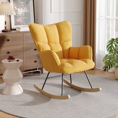 Yellow Linen Effect Rocking Chair Recliner Armchair with Rubber Wood Runner