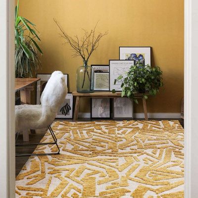 Yellow Modern Easy to Clean Abstract Rug for Living Room Bedroom and Dining Room-160cm X 230cm