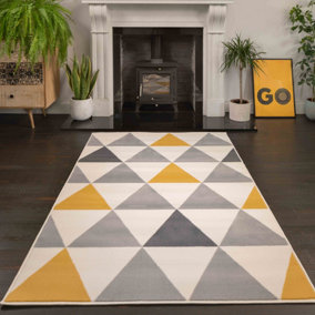 Yellow Ochre Grey Diamond Geometric Living Room Rug 120x170cm