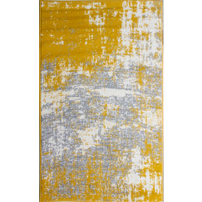 Yellow Ochre Grey Distressed Abstract Living Room Rug 120x170cm