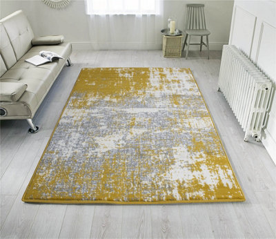 Yellow Ochre Grey Distressed Abstract Living Room Rug 120x170cm