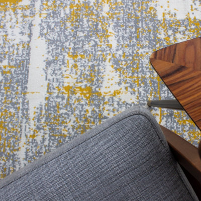 Yellow Ochre Grey Distressed Abstract Living Room Rug 120x170cm - 3