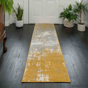 Yellow Ochre Grey Distressed Abstract Living Room Runner Rug 60x240cm