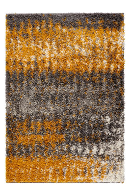 Yellow Ochre Grey Distressed Abstract Scandi Shaggy Living Area Rug 110x160cm