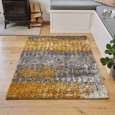 Yellow Ochre Grey Distressed Abstract Scandi Shaggy Living Area Rug 160x220cm