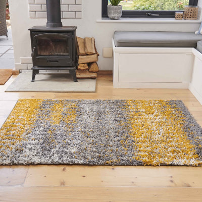 Yellow Ochre Grey Distressed Abstract Scandi Shaggy Living Area Rug 60x110cm