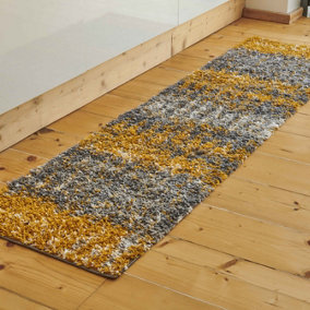 Yellow Ochre Grey Distressed Abstract Scandi Shaggy Living Area Runner Rug 60x230cm