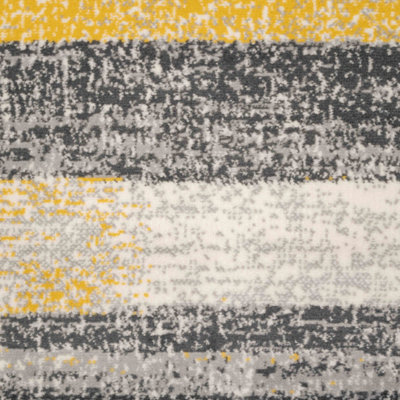 Yellow Ochre Grey Distressed Striped Block Living Room Rug 80x150cm