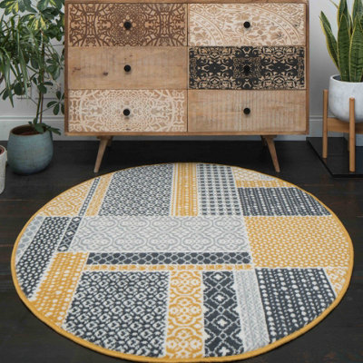 Yellow Ochre Grey Floral Patchwork Living Room Round Circular Mat 120x120cm