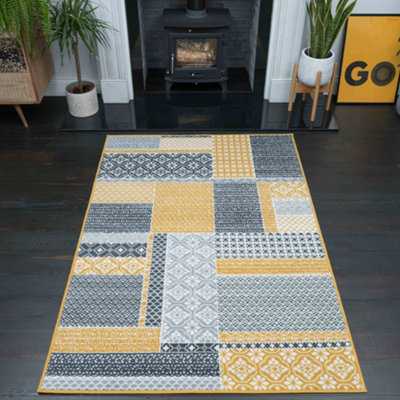 Yellow Ochre Grey Floral Patchwork Living Room Rug 190x280cm
