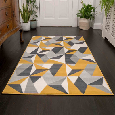 Yellow Ochre Grey Kaleidoscope Geometric Living Room Rug 190x280cm