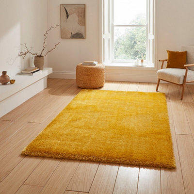 Yellow Plain Shaggy 45mm Thick Stain-Resistant Rug For Bedroom, & Dining Room, Easy to Clean Modern Rug-80cm X 150cm
