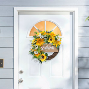 Yellow Round Hanging Decoration Artificial Sunflower Wreath Dia 40cm