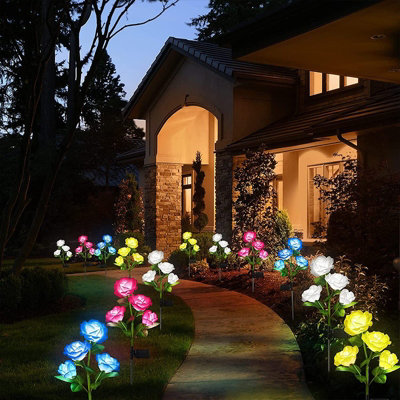Yellow Solar-Powered Outdoor 4-Head Rose Decorative Landscape Light