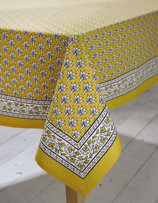 Yellow Square Cotton Tablecloth - Machine Washable Indian Hand Printed Floral Design Table Cover - Measures 132 x 132cm