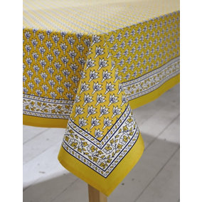 Yellow Square Cotton Tablecloth - Machine Washable Indian Hand Printed Floral Design Table Cover - Measures 132 x 132cm