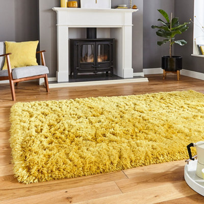 Yellow Thick Shaggy Handmade Plain Easy to Clean Rug For Bedroom Dining ...
