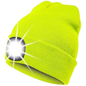 Yellow Unisex LED Beanie Hat With USB Rechargeable Battery 5 Hours High Powered Light