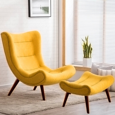 Yellow Upholstered Faux Wool Arched Armless Accent Chair with Footstool