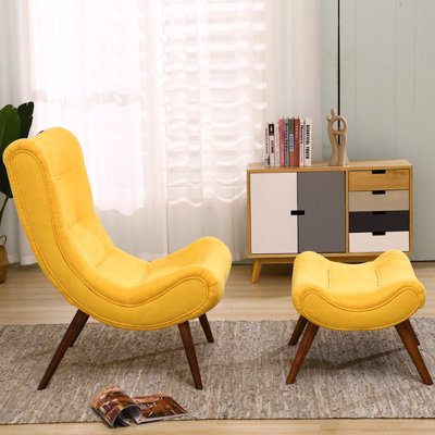 Yellow Upholstered Faux Wool Arched Armless Accent Chair with Footstool