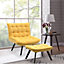 Yellow Velvet Buttoned Accent Chair with Footstool