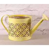Yellow Watering Can Plant Pot with a Hessian and Soft Plastic Lining. White Wash Finish. Height 17 cm