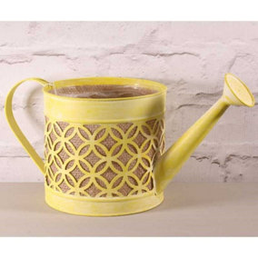 Yellow Watering Can Plant Pot with a Hessian and Soft Plastic Lining. White Wash Finish. Height 17 cm