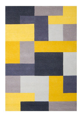 Yellow Wool Rug, Handmade Rug, 10mm Thickness Bordered Floral Rug, Modern Rug for Bedroom, & Dining Room-90cm X 150cm