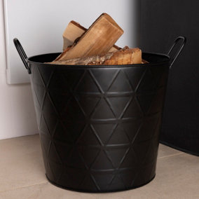 Yew Large Fireside Log Bucket Contemporary Design Iron Black Matte Metal Handles