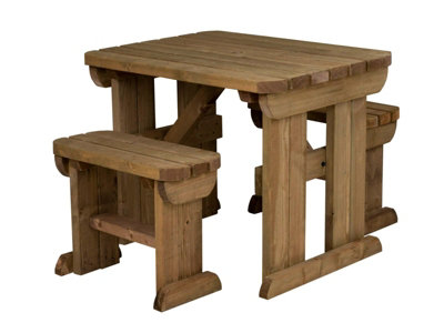 Yews Picnic Bench - Wooden Rounded Garden Table and Bench Set (3ft, Rustic brown)