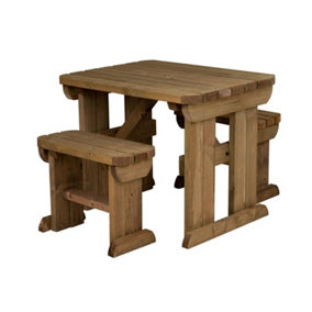 Yews Picnic Bench - Wooden Rounded Garden Table and Bench Set (4ft, Rustic brown)