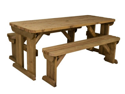 Yews Picnic Bench - Wooden Rounded Garden Table and Bench Set (5ft, Rustic brown)