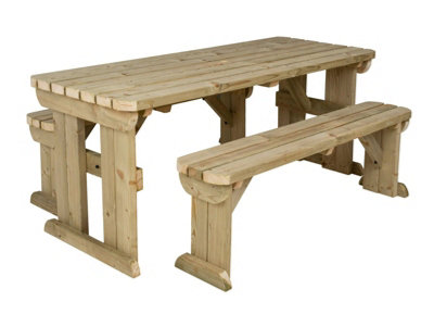 Yews Picnic Bench - Wooden Rounded Garden Table and Bench Set (7ft, Natural finish)