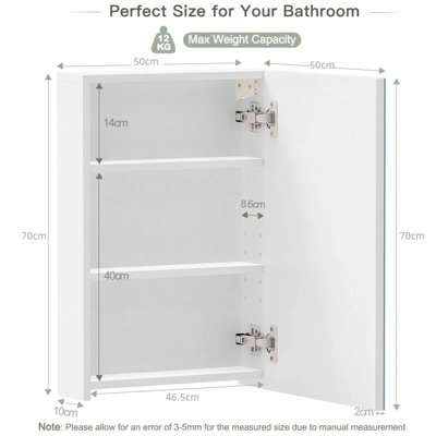 Yohood Single Door Bathroom Mirror Cabinet Wall Mount - 50cm x 70cm