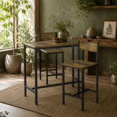 Yora Keno 3-Piece Industrial Bar Table and 2 Stools - Rustic Brown and Black