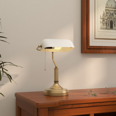 Yori White Glass Bankers Desk Lamp Antique Bronze Base