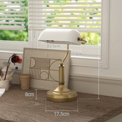 Yori White Glass Bankers Desk Lamp Antique Bronze Base