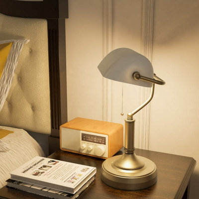 Yori White Glass Bankers Desk Lamp Antique Bronze Base