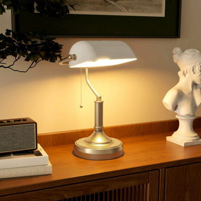 Yori White Glass Bankers Desk Lamp Antique Bronze Base