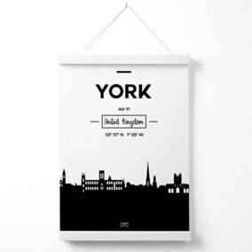 York Black and White City Skyline Poster with Hanger / 33cm / White