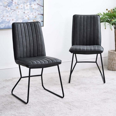York Dining Chair - Grey Faux Leather (Set of 2) with Line Detailing and Angled Metal Legs