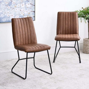 York Faux Leather Dining Chair - Tan (Set of 2) Traditional Line Detailing Modern Metal Legs
