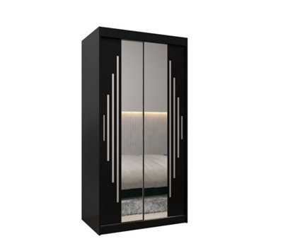 York I Mirrored Sliding Door Wardrobe with Shelves and Hanging Rails in Black (H)2000mm (W)1000mm (D)620mm