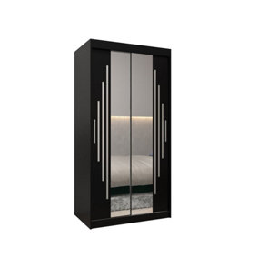 York I Mirrored Sliding Door Wardrobe with Shelves and Hanging Rails in Black (H)2000mm (W)1000mm (D)620mm