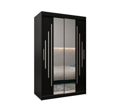 York I Mirrored Sliding Door Wardrobe with Shelves and Hanging Rails in Black (H)2000mm (W)1200mm (D)620mm