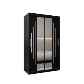 York I Mirrored Sliding Door Wardrobe with Shelves and Hanging Rails in Black (H)2000mm (W)1200mm (D)620mm