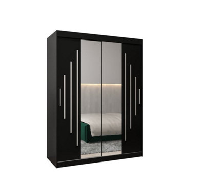 York I Mirrored Sliding Door Wardrobe with Shelves and Hanging Rails in Black (H)2000mm (W)1500mm (D)620mm