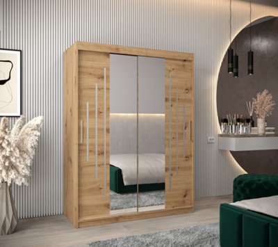 York I Mirrored Sliding Door Wardrobe with Shelves and Hanging Rails in Oak Artisan (H)2000mm (W)1500mm (D)620mm