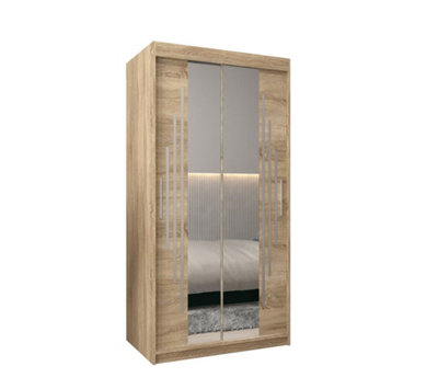 York I Mirrored Sliding Door Wardrobe with Shelves and Hanging Rails in Oak Sonoma (H)2000mm (W)1000mm (D)620mm