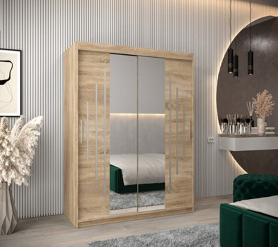 York I Mirrored Sliding Door Wardrobe with Shelves and Hanging Rails in Oak Sonoma (H)2000mm (W)1500mm (D)620mm